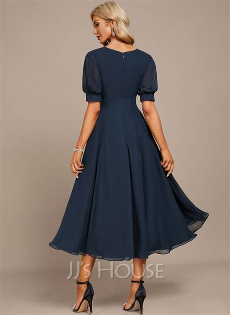 Us A Line V Neck Tea Length Chiffon Evening Dress With