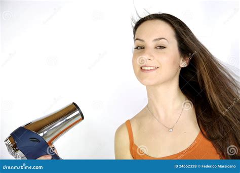 Female Model Blow Drying Her Long Brunette Hair Stock Photo Image Of Care Face