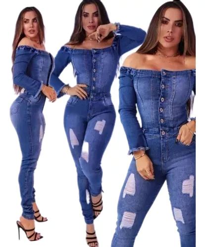 Macacão Jeans Feminina Elegante Manga Longa Remidor Até 48 Frete grátis