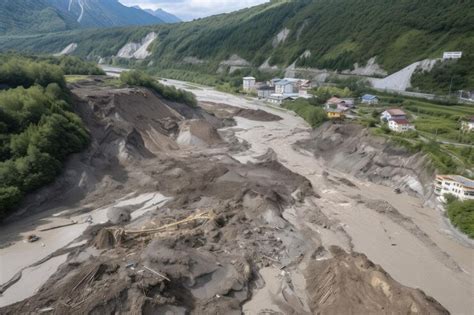 Premium AI Image | Massive landslide caused by flooding with debris and ...