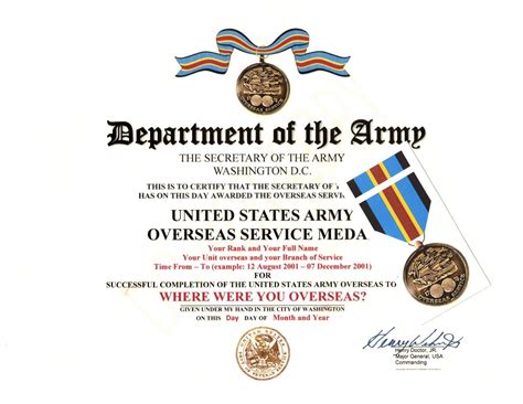 United States Army Overseas Service Medal Certificate With Medal And Ribbon