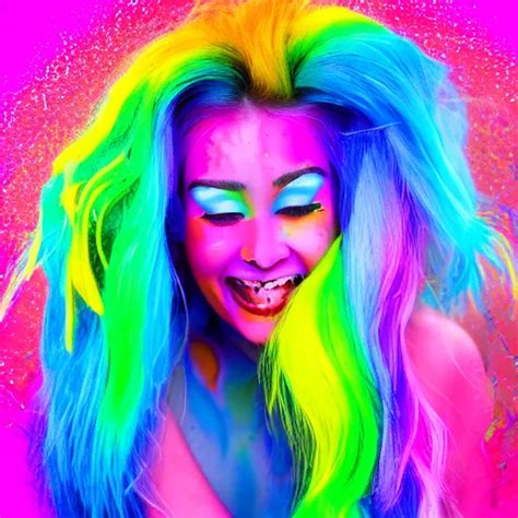 Smiling Woman With Rainbow Hair And Rainbow Makeup Stable Diffusion