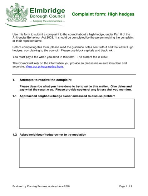 Fillable Online High Hedge Complaint Form Introduction Fax Email