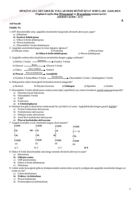 Biyokimyada Metabolik Yollar Final Sorular A Grubu Vize Ve