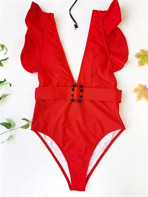 Sexy Solid Color Ruffled One Piece Swimsuit With Belt Noracora