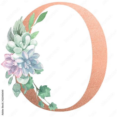 Watercolor Monogram Alphabet Letter O Rose Gold Foil Stock Illustration