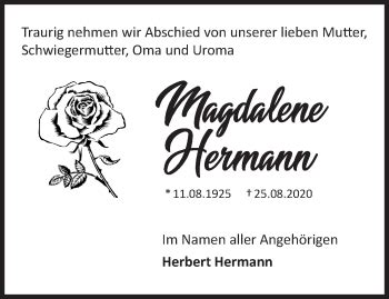 Traueranzeigen Von Magdalene Hermann M Rkische Onlinezeitung Trauerportal