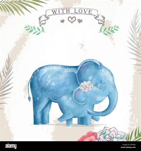 Watercolor Baby Elephant And Mother Cute Elephants For Greeting Card