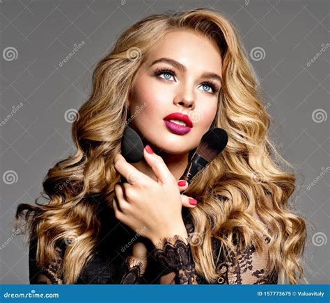 Beautiful Woman Holds Cosmetic Tools Makeup Stock Image Image Of