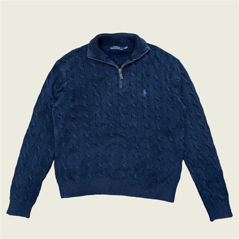 Ralph Lauren Cable Knit Quarter Zip Sweater Navy Blue Blue Logo