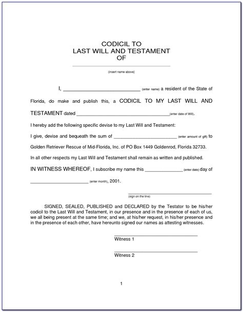 Free Printable Last Will And Testament Blank Forms Florida Free