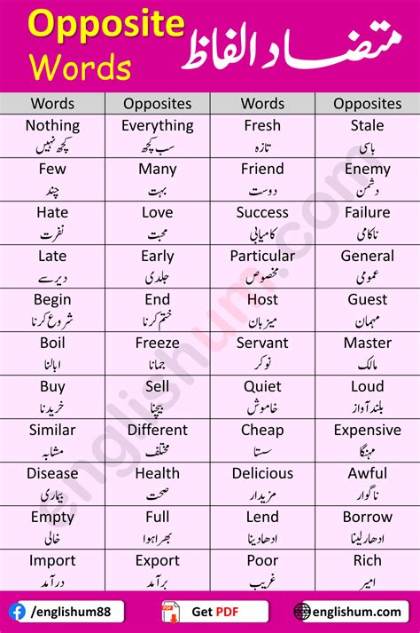 Opposite Words List With Urdu Meanings Antonyms Opp Almuhja