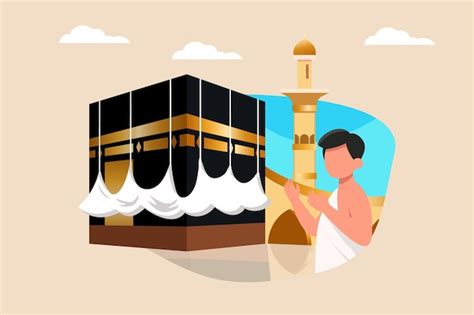 Premium Vector Muslim Wearing Ihram Praying Around The Kaaba Hajj And