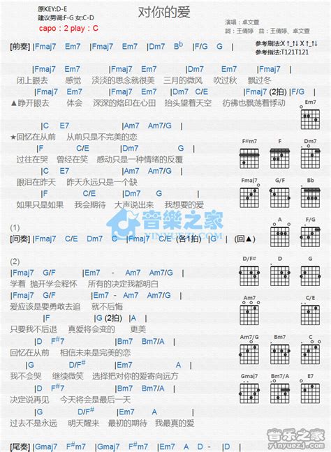 对你的爱吉他谱 卓文萱 C调吉他弹唱谱 和弦谱 琴谱网