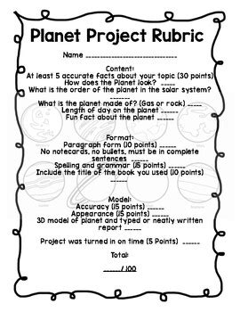 Planet Project Rubric (Grades 2-4) by Teaching and Two Stepping