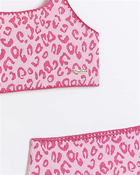 Girls Pink Textured Leopard Print Bikini Set River Island