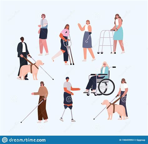 Disability People Cartoons With Wheelchair Prosthesis And Cast Vector