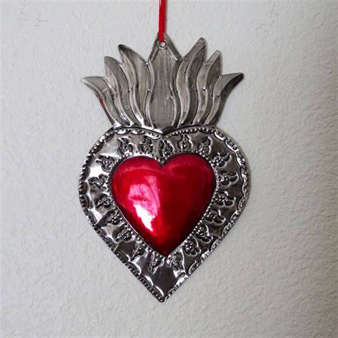 Lg Colorful Sacred Heart Mexican Tin Ornament Perfect For Etsy