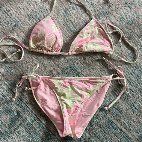 Swim Nwot Pink And Green Floral Leaf Bikini Set Poshmark