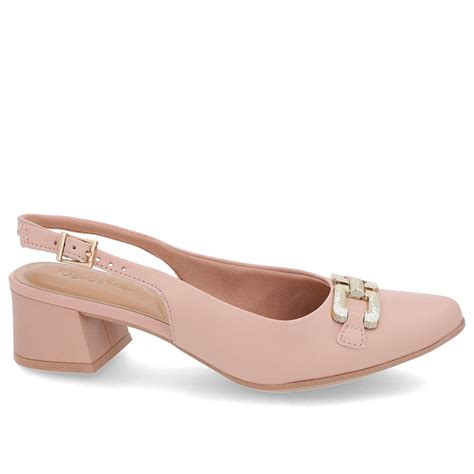 Slingback Rosa Salto Bloco Couro Rosa