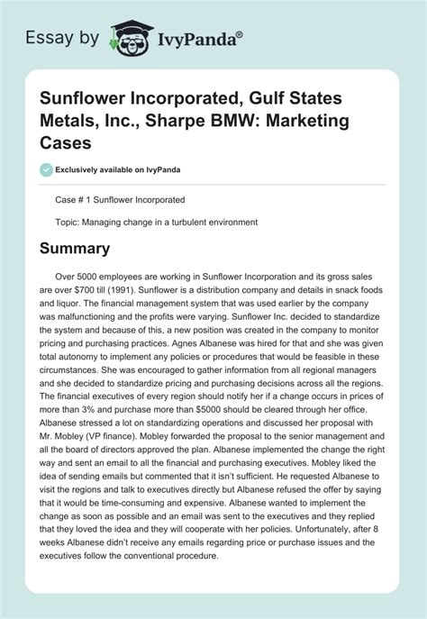 Sunflower Incorporated Gulf States Metals Inc Sharpe BMW Marketing