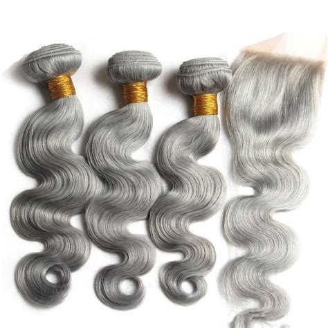 2020 Grey Body Wave Virgin Hair 3 Bundles With Lace Closure Sliver Grey Brazilian Human Hair