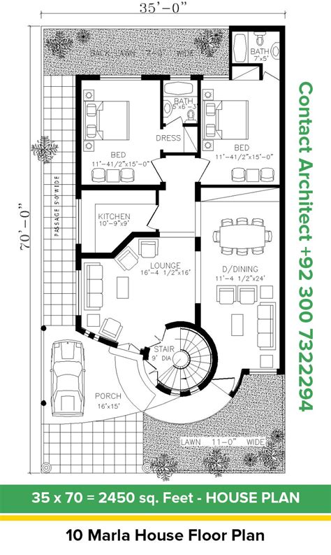 35x70 10 Marla Ground Floor House Floor Plan 2 Bedroom