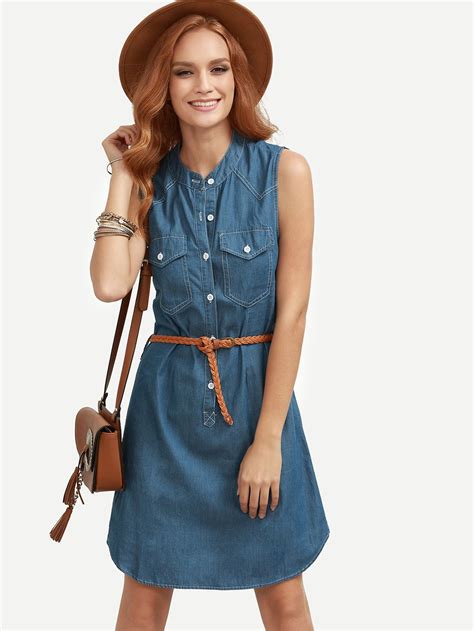 Shop Blue Belted Sleeveless Denim Shirt Dress Online Shein Offers Blue