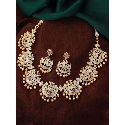 Estele Gold Plated CZ Splendid Flower Designer Necklace Set With Pearls