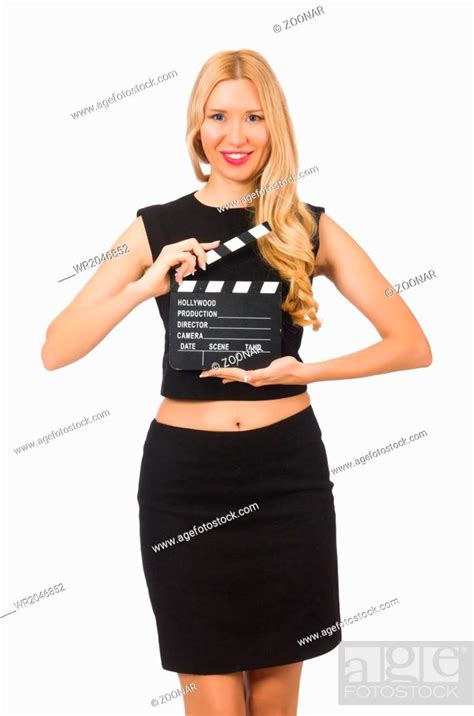 Woman Holding Movie Clapboard Isolated On White Stock Photo Picture