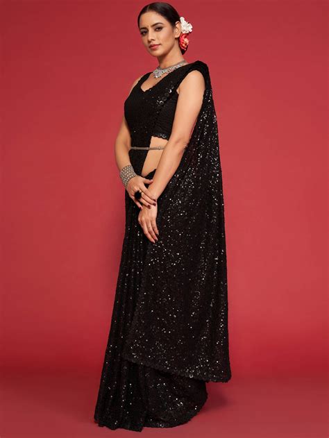 Buy Black Fully Sequined Georgette Party Wear Saree From Ethnicplus