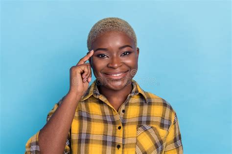 Photo Of Cute Smart Woman Dressed Plaid Shirt Finger Temple Smiling