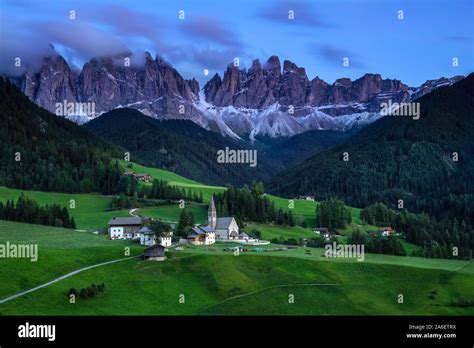 Moon Rise Over The Santa Magdalena Church Of The Val Di Funes In The