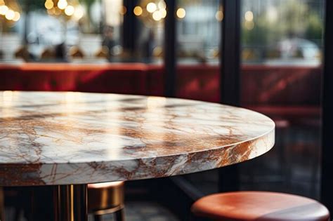 Premium AI Image | A table with a marble top sits in a restaurant.