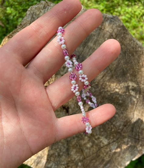 14k Gold Plated Beaded Daisy Flower Necklace White And Pink Etsy