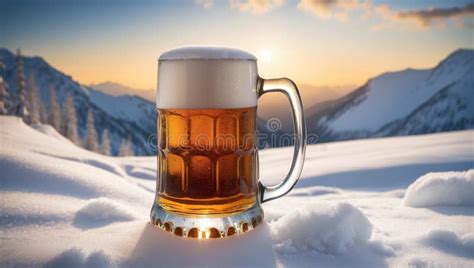 Mug Of Beer On The Background Of Snowy Mountains At Sunset Stock
