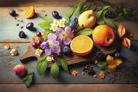 Illustration Fruits And Flowers On A Wooden Table Ai Generative Stock Illustration