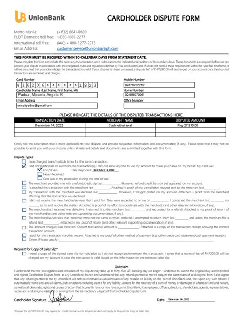 Cardholder Dispute Form Completed Pdf Credit Card Receipt