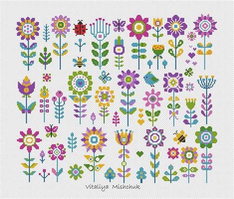 Small Flower Cross Stitch Pattern Floral Folk Mini Set Garden Etsy