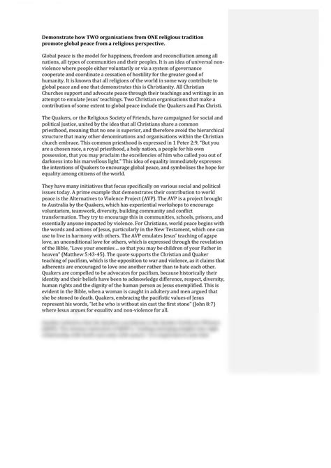 Religion and Peace Essay | Studies of Religion II - Year 12 HSC | Thinkswap