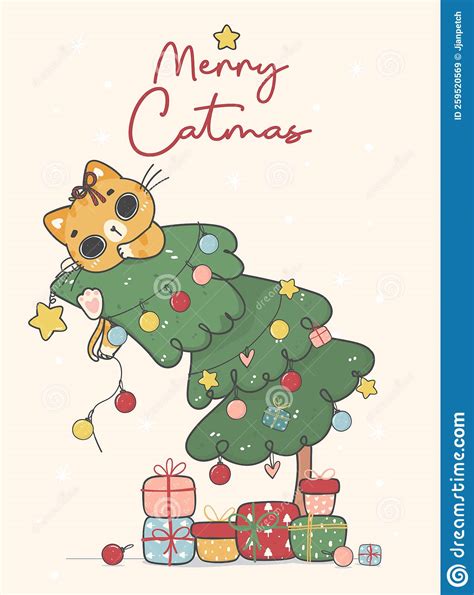 Cute Funny Naughty Orange Ginger Kitten Cat Hanging On Christmas Decorated Pine Tree Merry