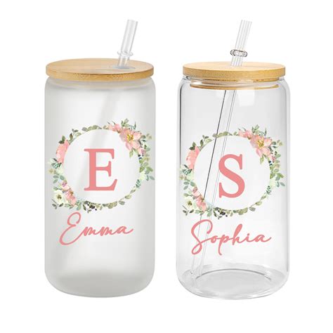 Custom Initial & Name Floral Glass Cup, Bamboo Lid Iced Coffee Cup ...