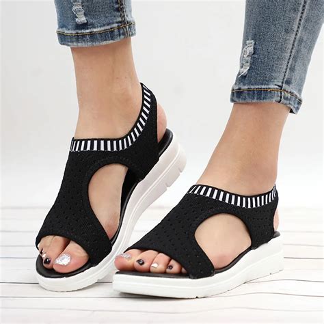 Summer Women Sandals Hollow Wedge Breathable Mesh Shoes Female Peep Toe Ladies Solid Slip On