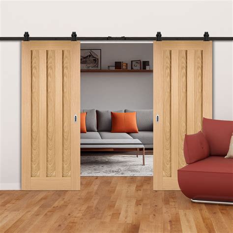 Top Mounted Black Sliding Track And Double Door Idaho 3 Panel Oak Door