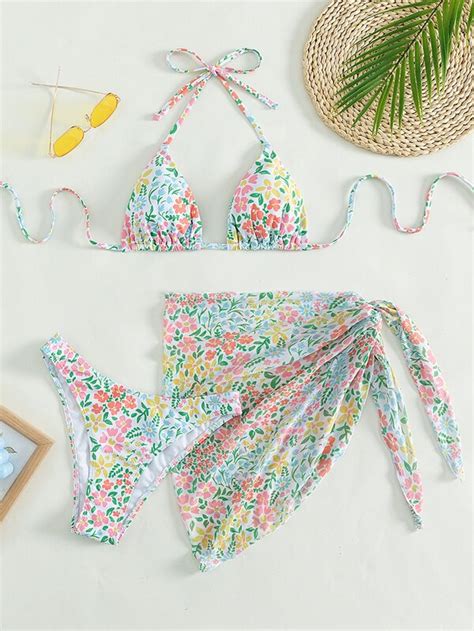 Conjunto de bikini con estampado floral Sujetador de triángulo halter y