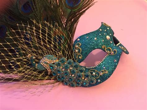 Feather Peacock Mask In Turquoise Blue And Gold With Swarovski Crystals