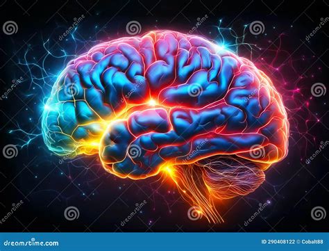 Human Brain With Electrical Activity Colored Neurons Glowing On Black