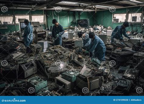 E Waste Recycling Facility With Workers Sorting And Dismantling