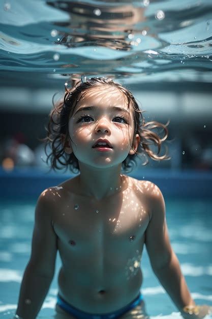 Niño nadando bajo el agua en la piscina agua de mar azul niño nadando