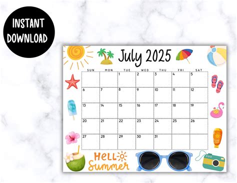 Editable July Calendar 2025 Cute Printable July Calendar W Rainbow